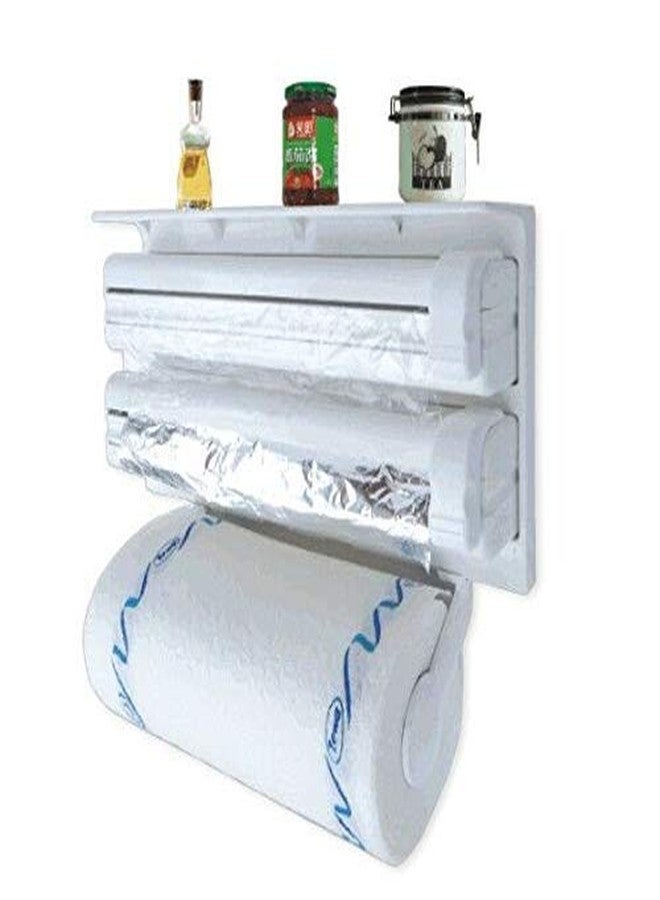 AOOMI Triple Paper Dispenser | 3 in 1 Foil, Cling Film, Tissue Paper Roll Holder for Kitchen with Spice Rack - White Countertop Plastic Paper Dispenser - Image 3